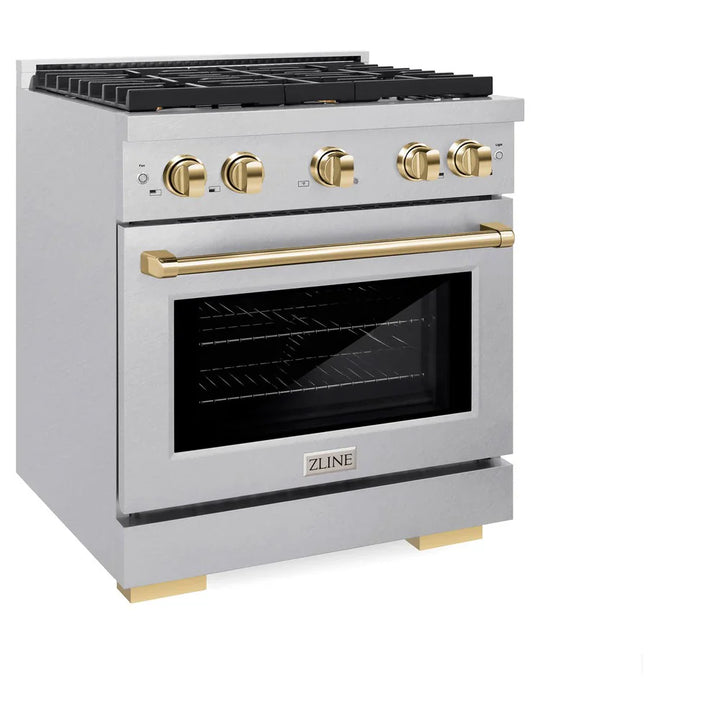 ZLINE Autograph 30" 4.2 cu. ft. Paramount Dual Fuel Range with 4 Burners in DuraSnow® Stainless Steel with Polished Gold Accents, SDRSZ-30-G