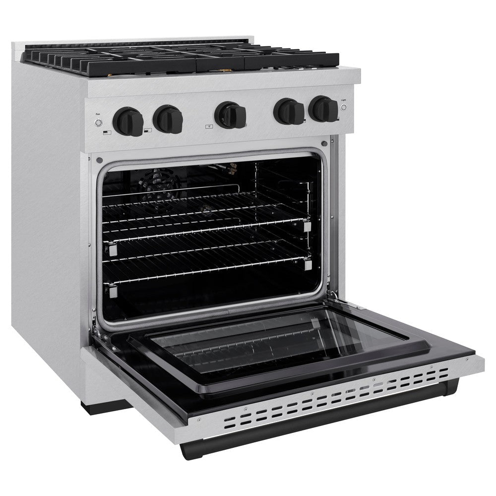 ZLINE Autograph 30" 4.2 cu. ft. Paramount Dual Fuel Range with 4 Burners in DuraSnow® Stainless Steel with Matte Black Accents, SDRSZ-30-MB