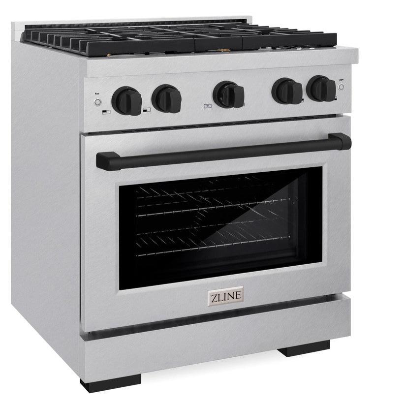 ZLINE Autograph 30" 4.2 cu. ft. Paramount Dual Fuel Range with 4 Burners in DuraSnow® Stainless Steel with Matte Black Accents, SDRSZ-30-MB