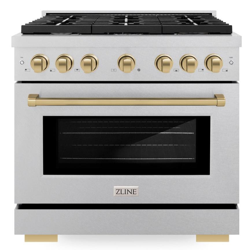 ZLINE Autograph 36" 5.2 cu. ft. Paramount Dual Fuel Range with 6 Burners in DuraSnow® Stainless Steel with Champagne Bronze Accents, SDRSZ-36-CB