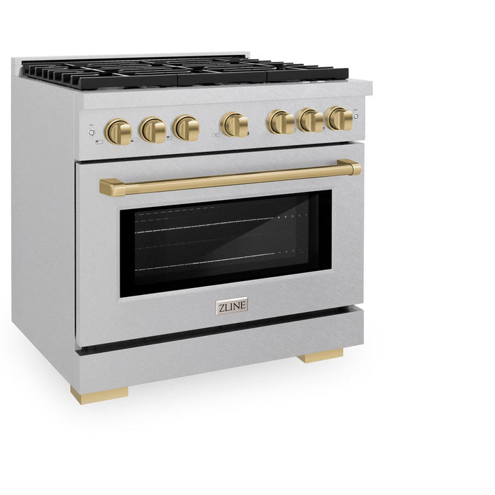 ZLINE Autograph 36" 5.2 cu. ft. Paramount Dual Fuel Range with 6 Burners in DuraSnow® Stainless Steel with Champagne Bronze Accents, SDRSZ-36-CB