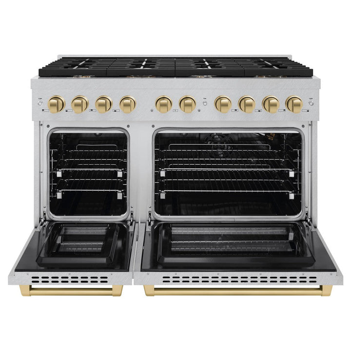 ZLINE Autograph 48" 6.7 cu. ft. Paramount Double Oven Dual Fuel Range with 8 Burners in DuraSnow® Stainless Steel and Champagne Bronze Accents, SDRSZ-48-CB