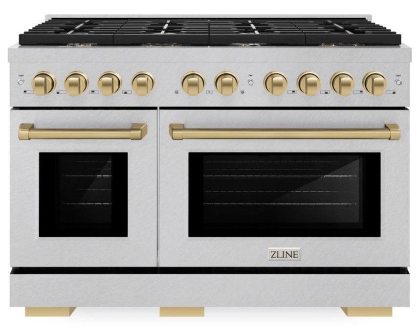 ZLINE Autograph 48" 6.7 cu. ft. Paramount Double Oven Dual Fuel Range with 8 Burners in DuraSnow® Stainless Steel and Champagne Bronze Accents, SDRSZ-48-CB