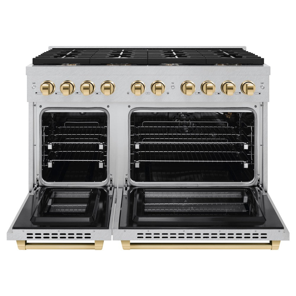 ZLINE Autograph 48" 6.7 cu. ft. Paramount Double Oven Dual Fuel Range with 8 Burners in DuraSnow® Stainless Steel and Polished Gold Accents, SDRSZ-48-G