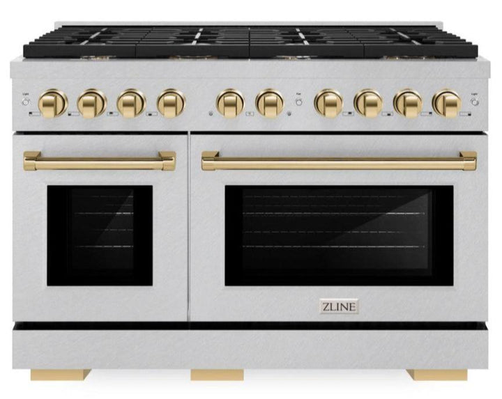 ZLINE Autograph 48" 6.7 cu. ft. Paramount Double Oven Dual Fuel Range with 8 Burners in DuraSnow® Stainless Steel and Polished Gold Accents, SDRSZ-48-G