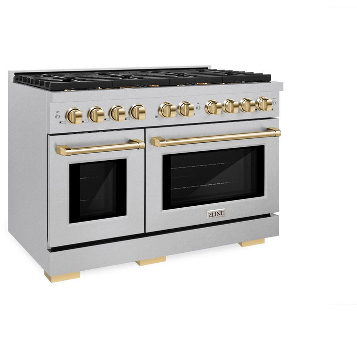 ZLINE Autograph 48" 6.7 cu. ft. Paramount Double Oven Dual Fuel Range with 8 Burners in DuraSnow® Stainless Steel and Polished Gold Accents, SDRSZ-48-G