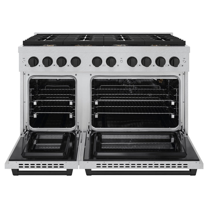 ZLINE Autograph 48" 6.7 cu. ft. Paramount Double Oven Dual Fuel Range with 8 Burners in DuraSnow® Stainless Steel and Matte Black Accents, SDRSZ-48-MB