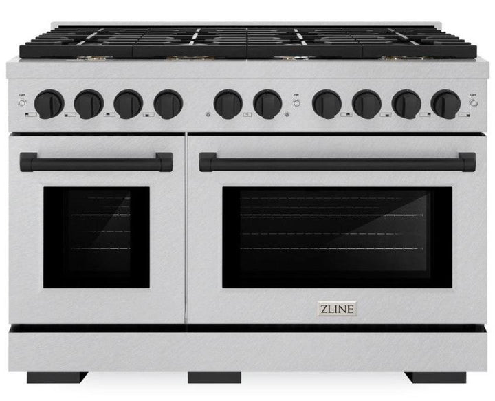 ZLINE Autograph 48" 6.7 cu. ft. Paramount Double Oven Dual Fuel Range with 8 Burners in DuraSnow® Stainless Steel and Matte Black Accents, SDRSZ-48-MB