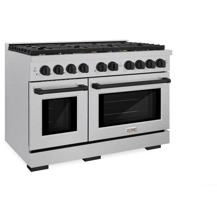 ZLINE Autograph 48" 6.7 cu. ft. Paramount Double Oven Dual Fuel Range with 8 Burners in DuraSnow® Stainless Steel and Matte Black Accents, SDRSZ-48-MB