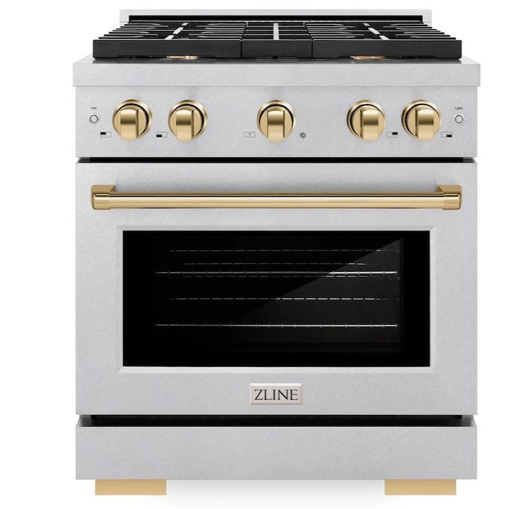 ZLINE Autograph 30" 4.2 cu. ft. Paramount Gas Range with Convection Gas Oven in DuraSnow® Stainless Steel and Gold Accents, SGRSZ-30-G