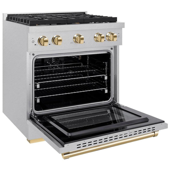 ZLINE Autograph 30" 4.2 cu. ft. Paramount Gas Range with Convection Gas Oven in DuraSnow® Stainless Steel and Gold Accents, SGRSZ-30-G