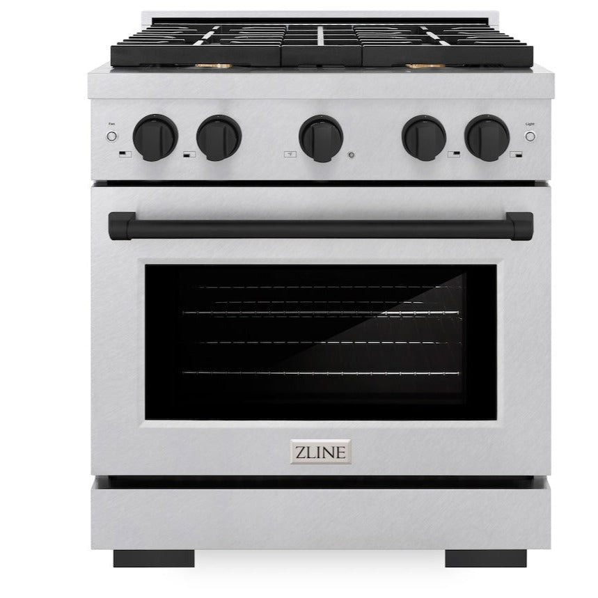 ZLINE Autograph 30" 4.2 cu. ft. Paramount Gas Range with Convection Gas Oven in DuraSnow® Stainless Steel and Matte Black Accents, SGRSZ-30-MB