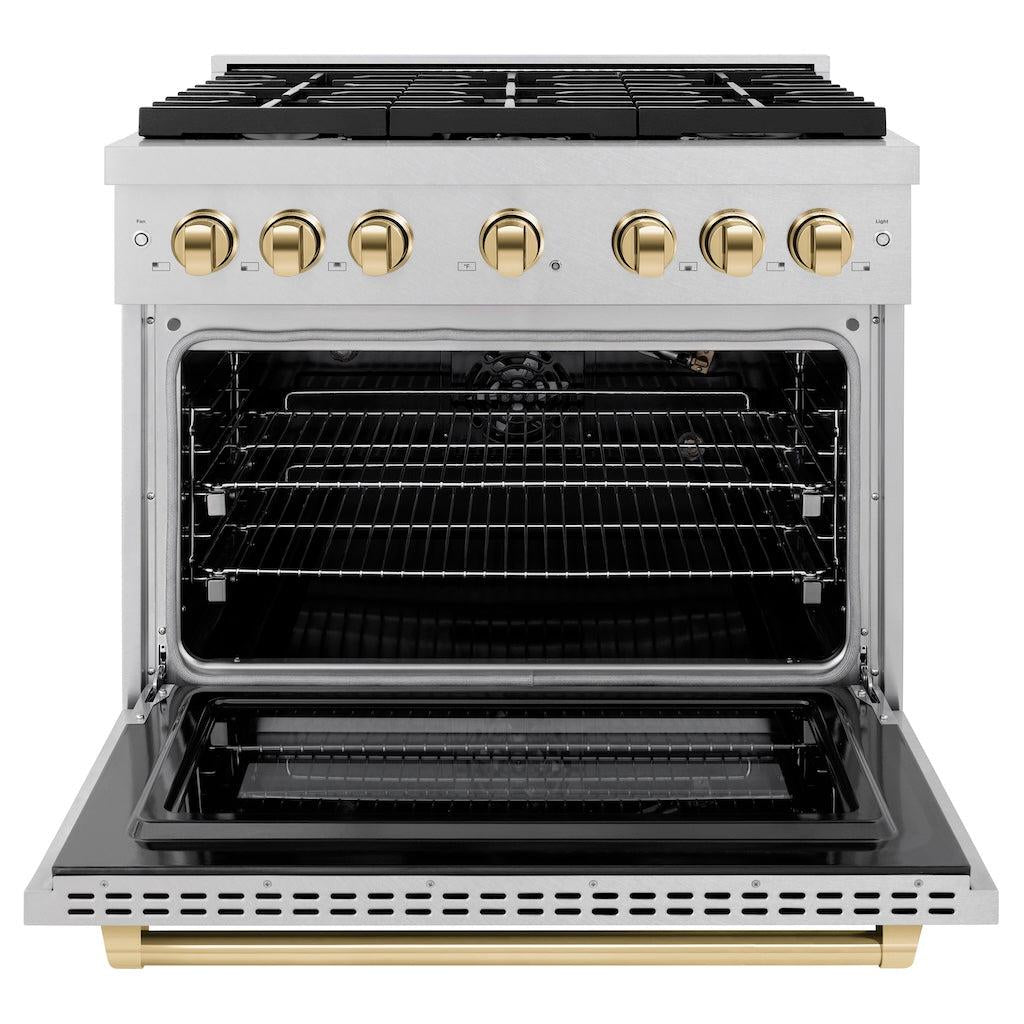 ZLINE Autograph 36" 5.2 cu. ft. Paramount Gas Range with Convection Gas Oven in DuraSnow® Stainless Steel and Gold Accents, SGRSZ-36-G