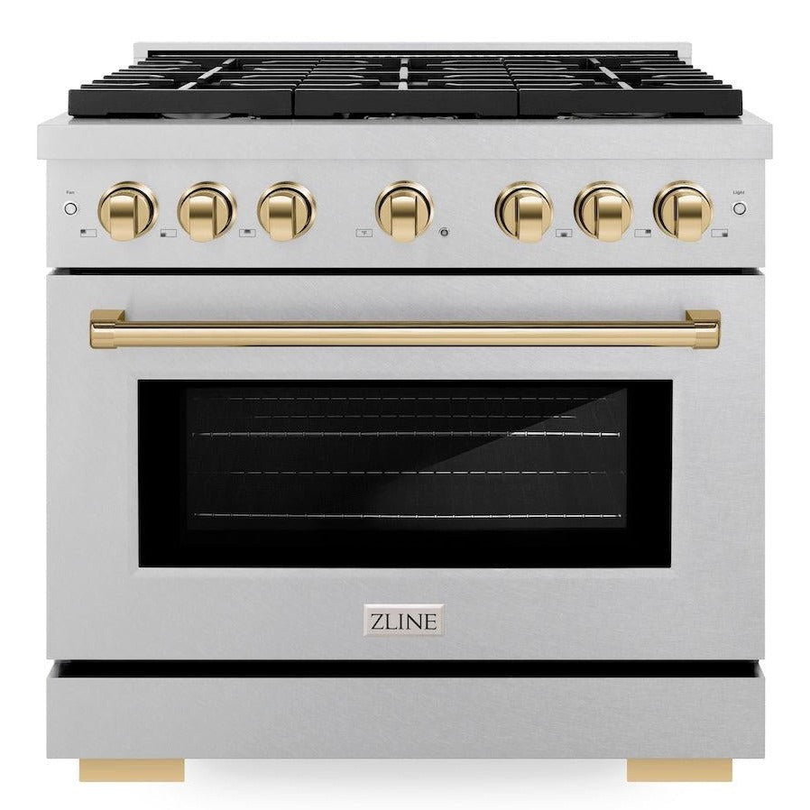 ZLINE Autograph 36" 5.2 cu. ft. Paramount Gas Range with Convection Gas Oven in DuraSnow® Stainless Steel and Gold Accents, SGRSZ-36-G