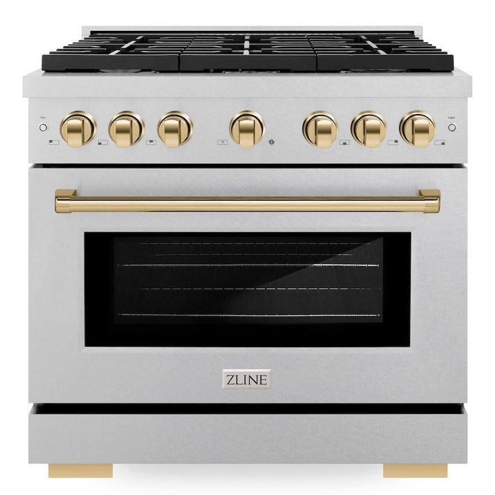 ZLINE Autograph 36" 5.2 cu. ft. Paramount Gas Range with Convection Gas Oven in DuraSnow® Stainless Steel and Gold Accents, SGRSZ-36-G