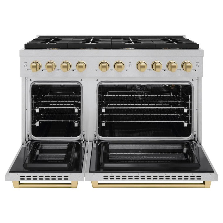 ZLINE Autograph Package - 48 In. Gas Range and Range Hood in DuraSnow® Stainless Steel with Champagne Bronze Accents, 2AKPR-RGSRH48-CB