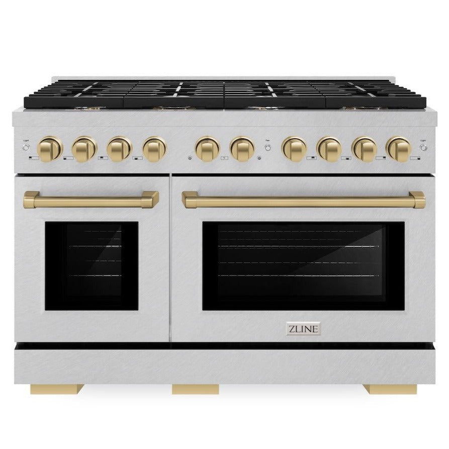 ZLINE Autograph 48" 6.7 cu. ft. Paramount Double Oven Gas Range in DuraSnow® Stainless Steel and Bronze Accents, SGRSZ-48-CB