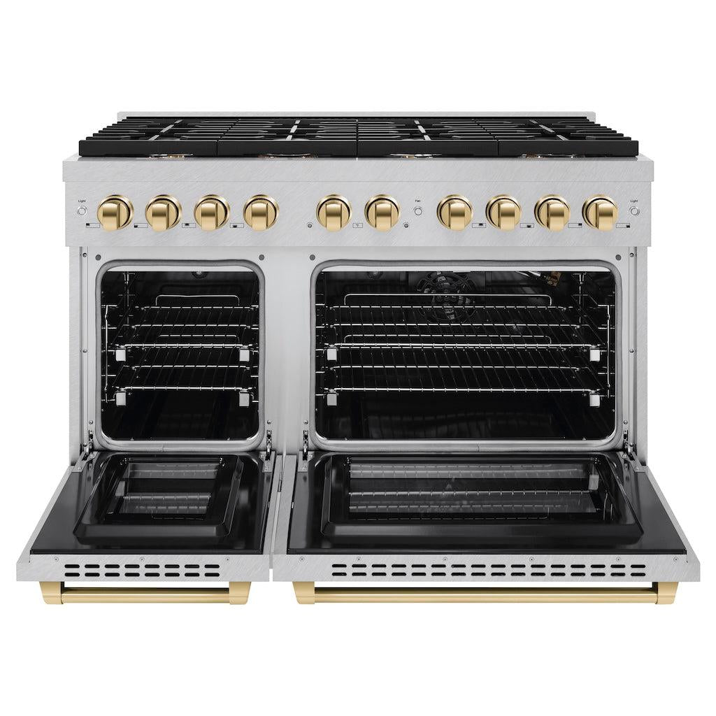 ZLINE Autograph 48" 6.7 cu. ft. Paramount Double Oven Gas Range in DuraSnow® Stainless Steel and Gold Accents, SGRSZ-48-G