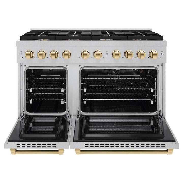 ZLINE Autograph 48" 6.7 cu. ft. Paramount Double Oven Gas Range in DuraSnow® Stainless Steel and Gold Accents, SGRSZ-48-G