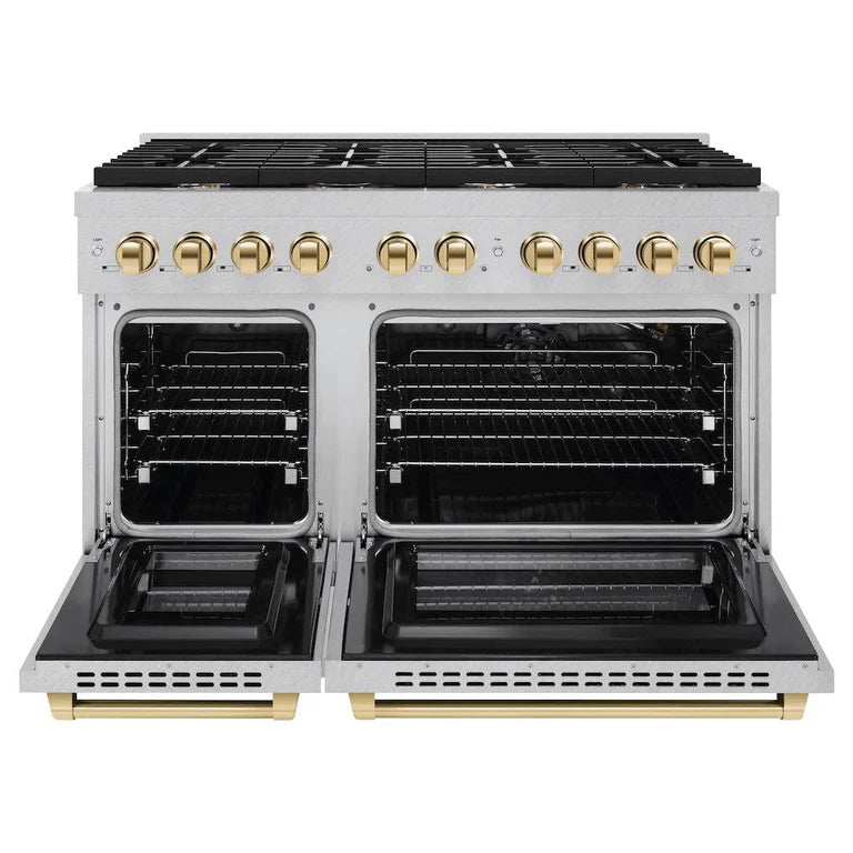 ZLINE Autograph Package - 48 In. Gas Range and Range Hood in DuraSnow® Stainless Steel with Gold Accents, 2AKPR-RGSRH48-G