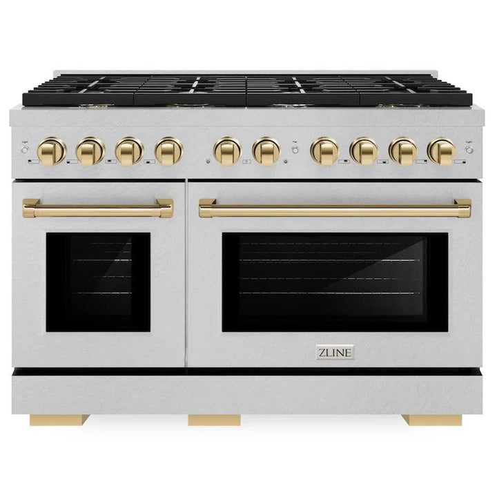 ZLINE Autograph Package - 48 In. Gas Range and Range Hood in DuraSnow® Stainless Steel with Gold Accents, 2AKPR-RGSRH48-G