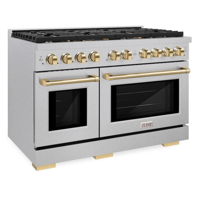 ZLINE Autograph 48" 6.7 cu. ft. Paramount Double Oven Gas Range in DuraSnow® Stainless Steel and Gold Accents, SGRSZ-48-G