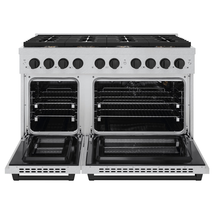 ZLINE Autograph 48" 6.7 cu. ft. Paramount Double Oven Gas Range in DuraSnow® Stainless Steel and Matte Black Accents, SGRSZ-48-MB