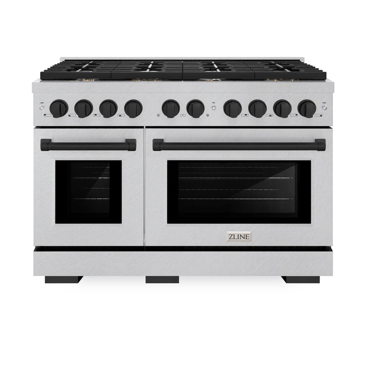 ZLINE Autograph 48" 6.7 cu. ft. Paramount Double Oven Gas Range in DuraSnow® Stainless Steel and Matte Black Accents, SGRSZ-48-MB