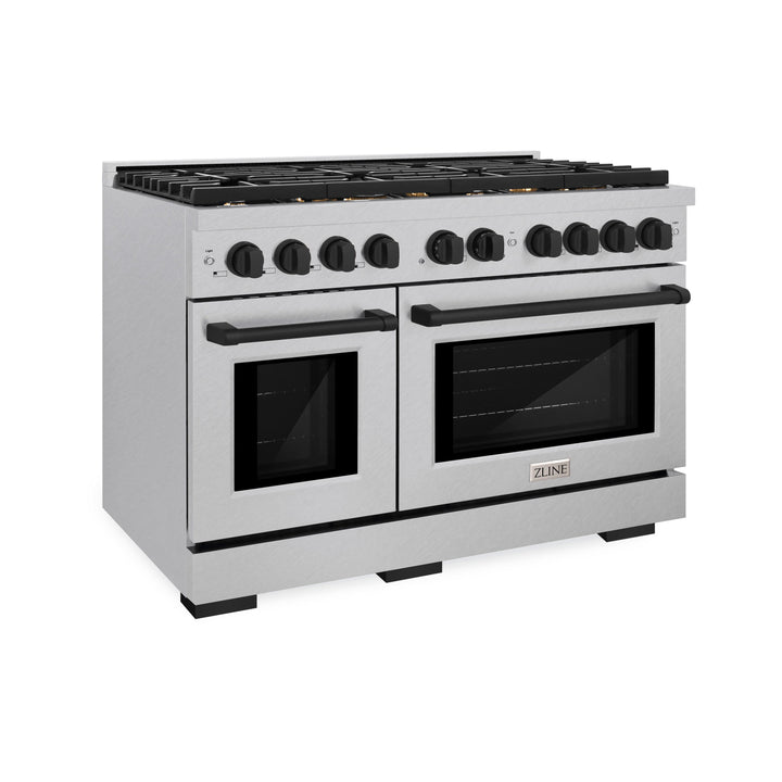 ZLINE Autograph 48" 6.7 cu. ft. Paramount Double Oven Gas Range in DuraSnow® Stainless Steel and Matte Black Accents, SGRSZ-48-MB