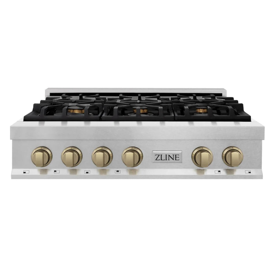 ZLINE Autograph Edition Legacy Gas Rangetops in Satin Stainless Steel with Champagne Bronze Accents – 30", 36", &amp; 48"