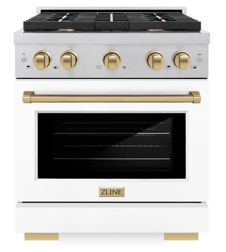 ZLINE Autograph 30" 4.2 cu. ft. Paramount Dual Fuel Range with 4 Burners in DuraSnow® with White Matte Door and Champagne Bronze Accents, SDRSZ-WM-30-CB