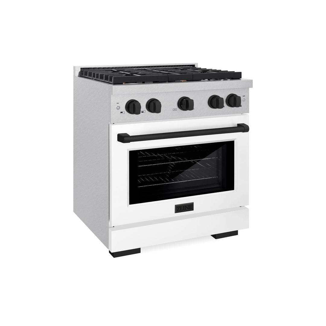 ZLINE Autograph 30" 4.2 cu. ft. Paramount Dual Fuel Range with 4 Burners in DuraSnow® with White Matte Door and Matte Black Accents, SDRSZ-WM-30-MB