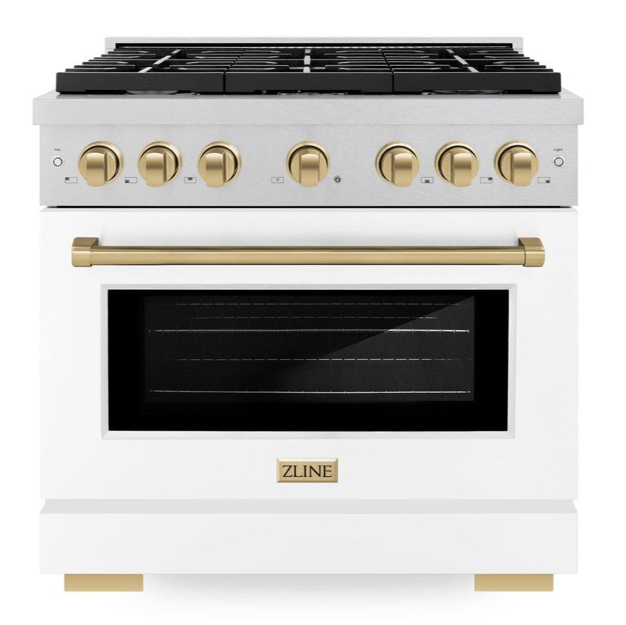 ZLINE Autograph 36" 5.2 cu. ft. Paramount Dual Fuel Range with 6 Burners in DuraSnow® with White Matte Door and Champagne Bronze Accents, SDRSZ-WM-36-CB