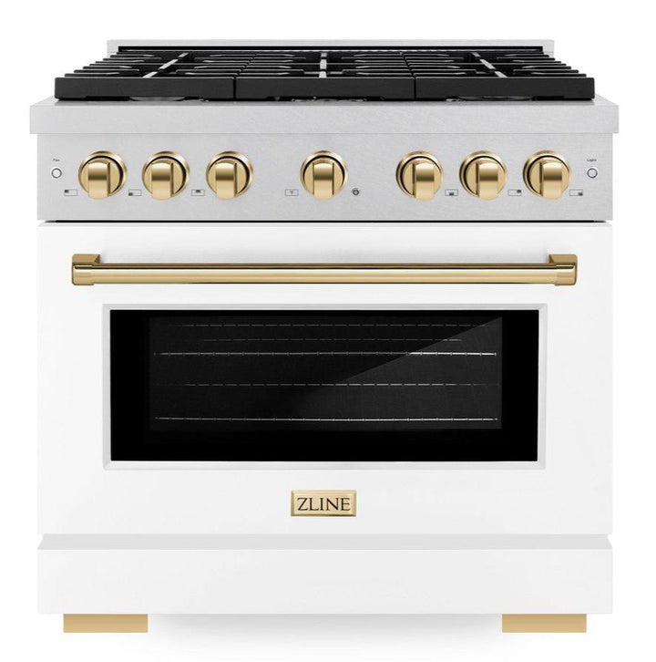 ZLINE Autograph 36" 5.2 cu. ft. Paramount Dual Fuel Range with 6 Burners in DuraSnow® with White Matte Door and Polished Gold Accents, SDRSZ-WM-36-G