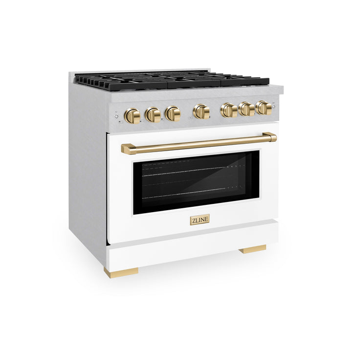 ZLINE Autograph 36" 5.2 cu. ft. Paramount Dual Fuel Range with 6 Burners in DuraSnow® with White Matte Door and Polished Gold Accents, SDRSZ-WM-36-G