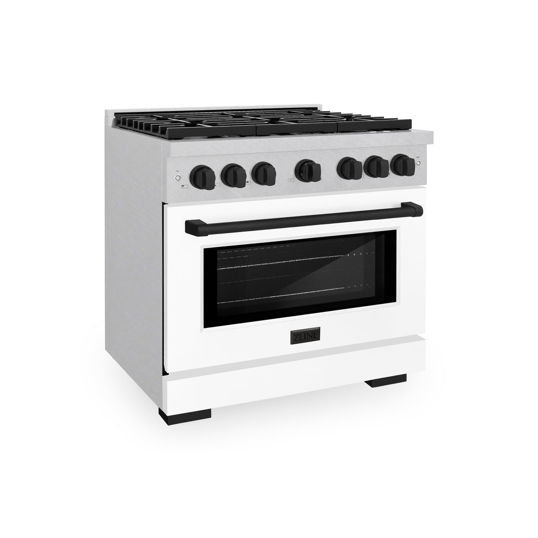 ZLINE Autograph 36" 5.2 cu. ft. Paramount Dual Fuel Range with 6 Burners in DuraSnow® with White Matte Door and Matte Black Accents, SDRSZ-WM-36-MB