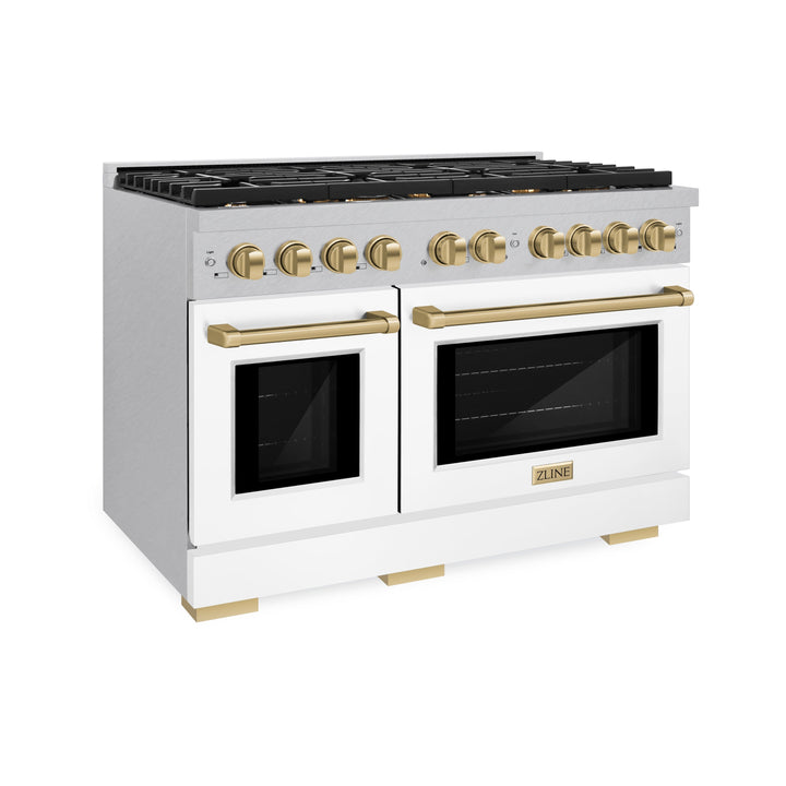 ZLINE Autograph 48" 6.7 cu. ft. Paramount Double Oven Dual Fuel Range with 8 Burners in DuraSnow® with White Matte Doors and Champagne Bronze Accents, SDRSZ-WM-48-CB