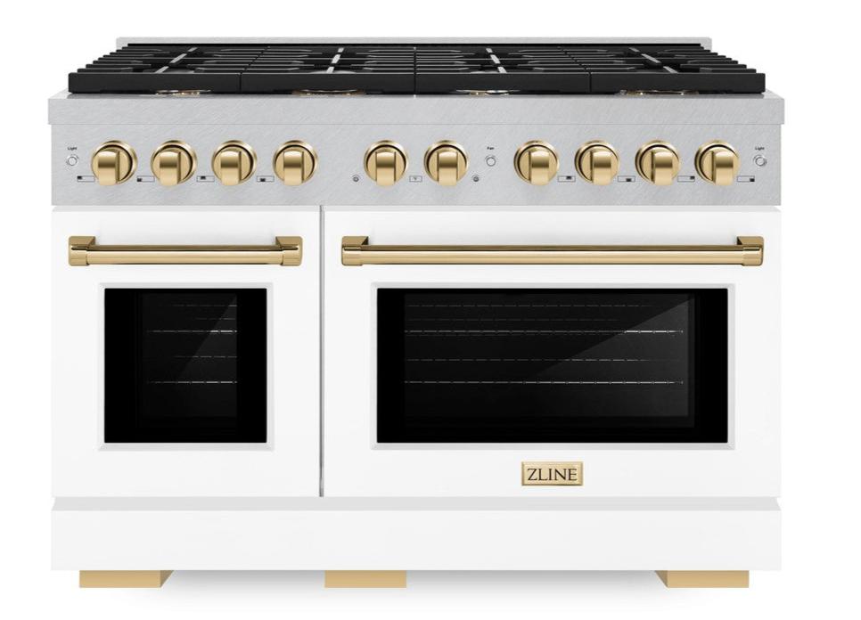 ZLINE Autograph 48" 6.7 cu. ft. Paramount Double Oven Dual Fuel Range with 8 Burners in DuraSnow® with White Matte Doors and Polished Gold Accents, SDRSZ-WM-48-G