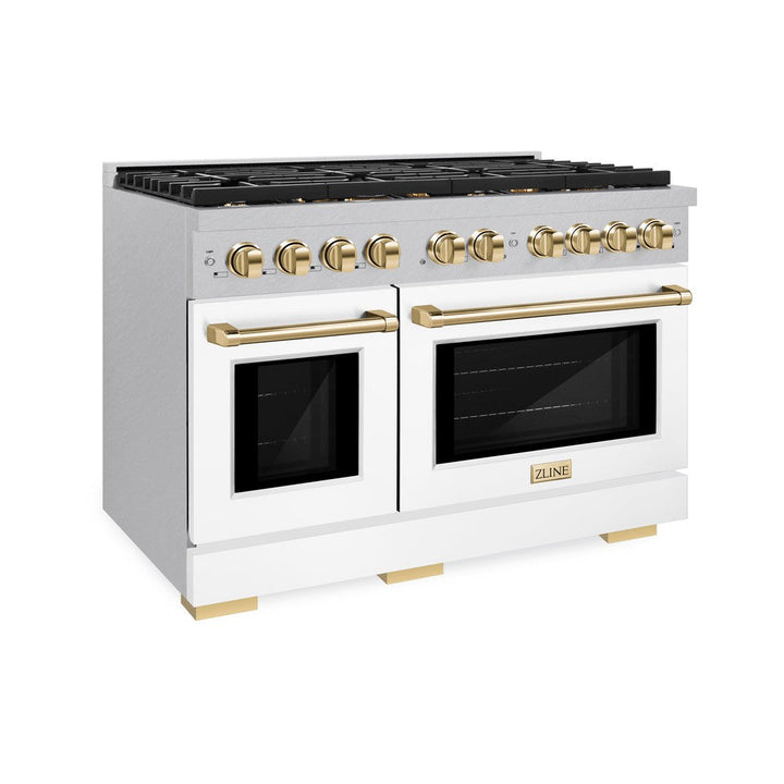 ZLINE Autograph 48" 6.7 cu. ft. Paramount Double Oven Dual Fuel Range with 8 Burners in DuraSnow® with White Matte Doors and Polished Gold Accents, SDRSZ-WM-48-G