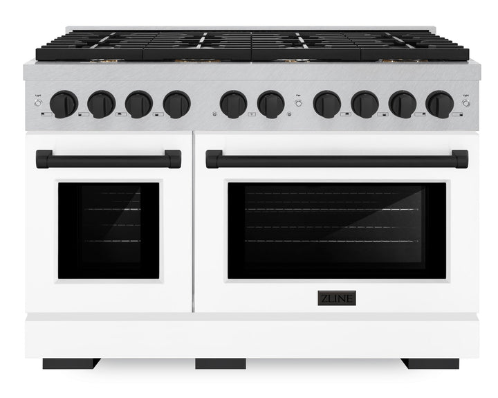 ZLINE Autograph 48" 6.7 cu. ft. Paramount Double Oven Dual Fuel Range with 8 Burners in DuraSnow® with White Matte Doors and Matte Black Accents, SDRSZ-WM-48-MB