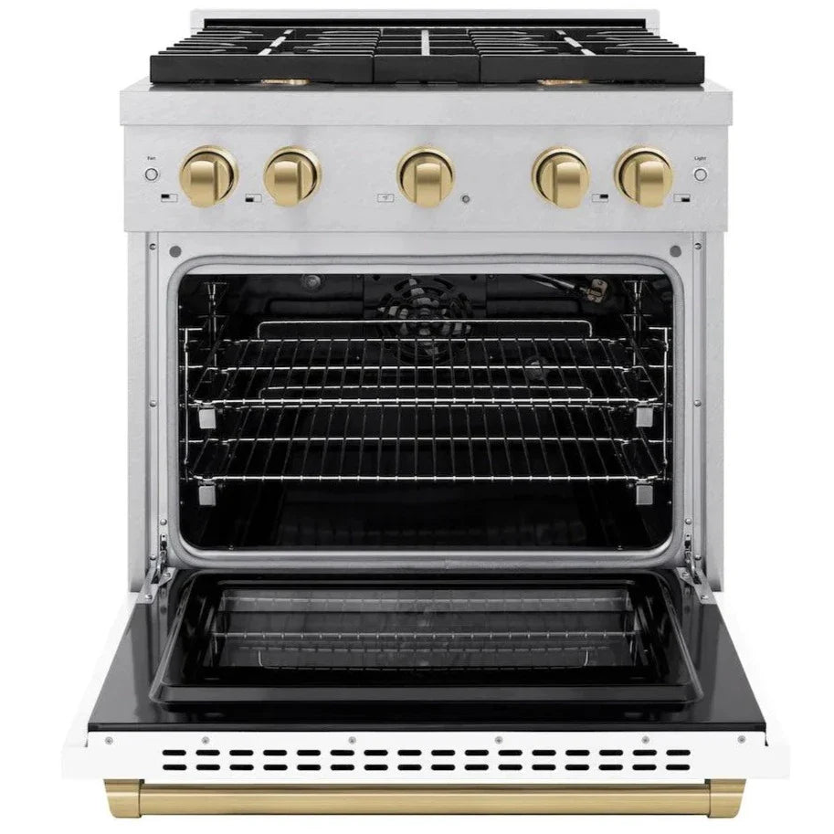 ZLINE Autograph 30" 4.2 cu. ft. Paramount Gas Range with Convection Gas Oven in DuraSnow® Stainless Steel with White Matte Door and Bronze Accents, SGRSZ-WM-30-CB