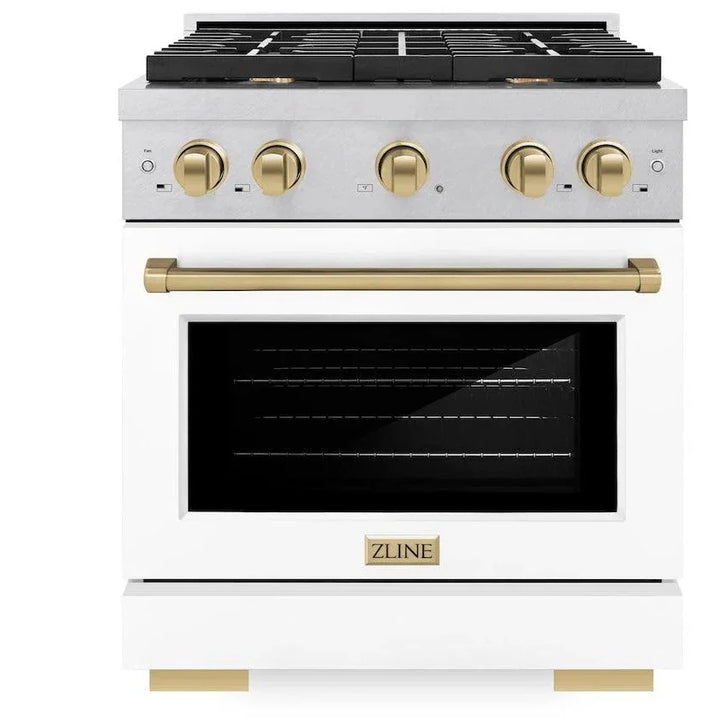 ZLINE Autograph 30" 4.2 cu. ft. Paramount Gas Range with Convection Gas Oven in DuraSnow® Stainless Steel with White Matte Door and Bronze Accents, SGRSZ-WM-30-CB