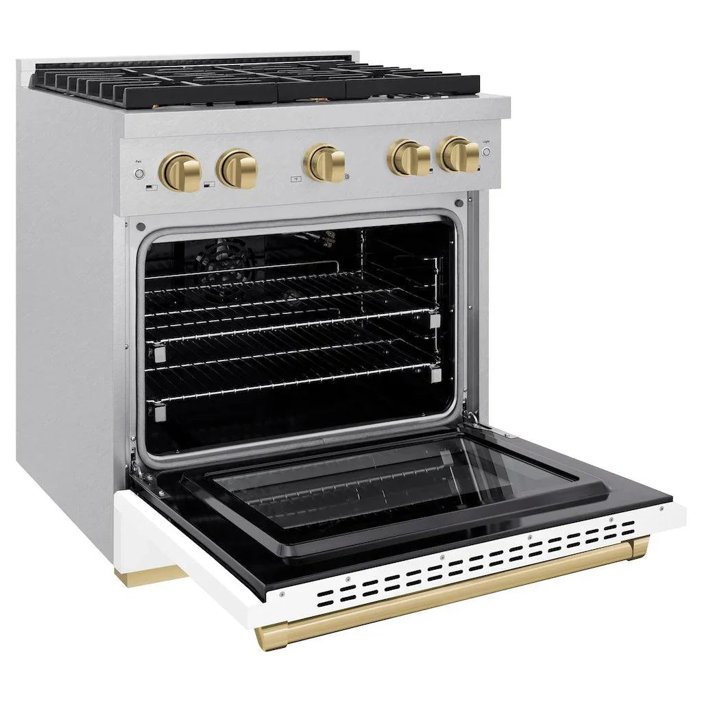 ZLINE Autograph 30" 4.2 cu. ft. Paramount Gas Range with Convection Gas Oven in DuraSnow® Stainless Steel with White Matte Door and Bronze Accents, SGRSZ-WM-30-CB