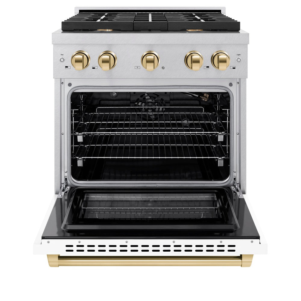 ZLINE Autograph Edition 30 in. 4.2 cu. ft. 4 Burner Paramount Gas Range with Convection Gas Oven in Satin Stainless Steel with White Matte Door and Polished Gold Accents (SGRSZ-WM-30-G)
