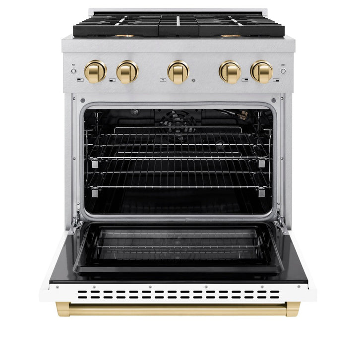 ZLINE Autograph Edition 30 in. 4.2 cu. ft. 4 Burner Paramount Gas Range with Convection Gas Oven in Satin Stainless Steel with White Matte Door and Polished Gold Accents (SGRSZ-WM-30-G)