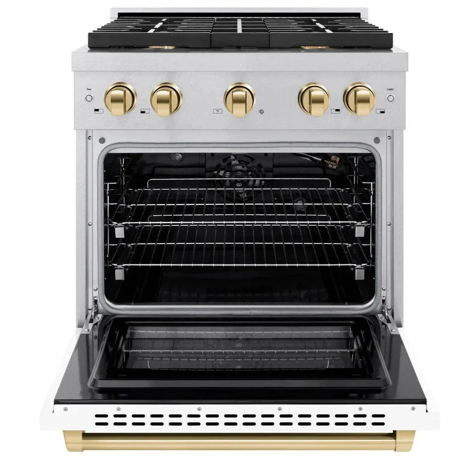 ZLINE Autograph 30" 4.2 cu. ft. Paramount Gas Range with Convection Gas Oven in DuraSnow® Stainless Steel with White Matte Door and Gold Accents, SGRSZ-WM-30-G