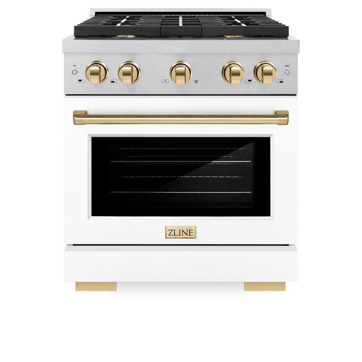 ZLINE Autograph Edition 30 in. 4.2 cu. ft. 4 Burner Paramount Gas Range with Convection Gas Oven in Satin Stainless Steel with White Matte Door and Polished Gold Accents (SGRSZ-WM-30-G)