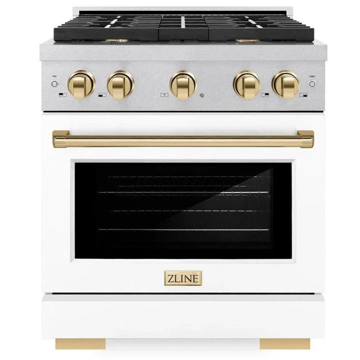 ZLINE Autograph 30" 4.2 cu. ft. Paramount Gas Range with Convection Gas Oven in DuraSnow® Stainless Steel with White Matte Door and Gold Accents, SGRSZ-WM-30-G