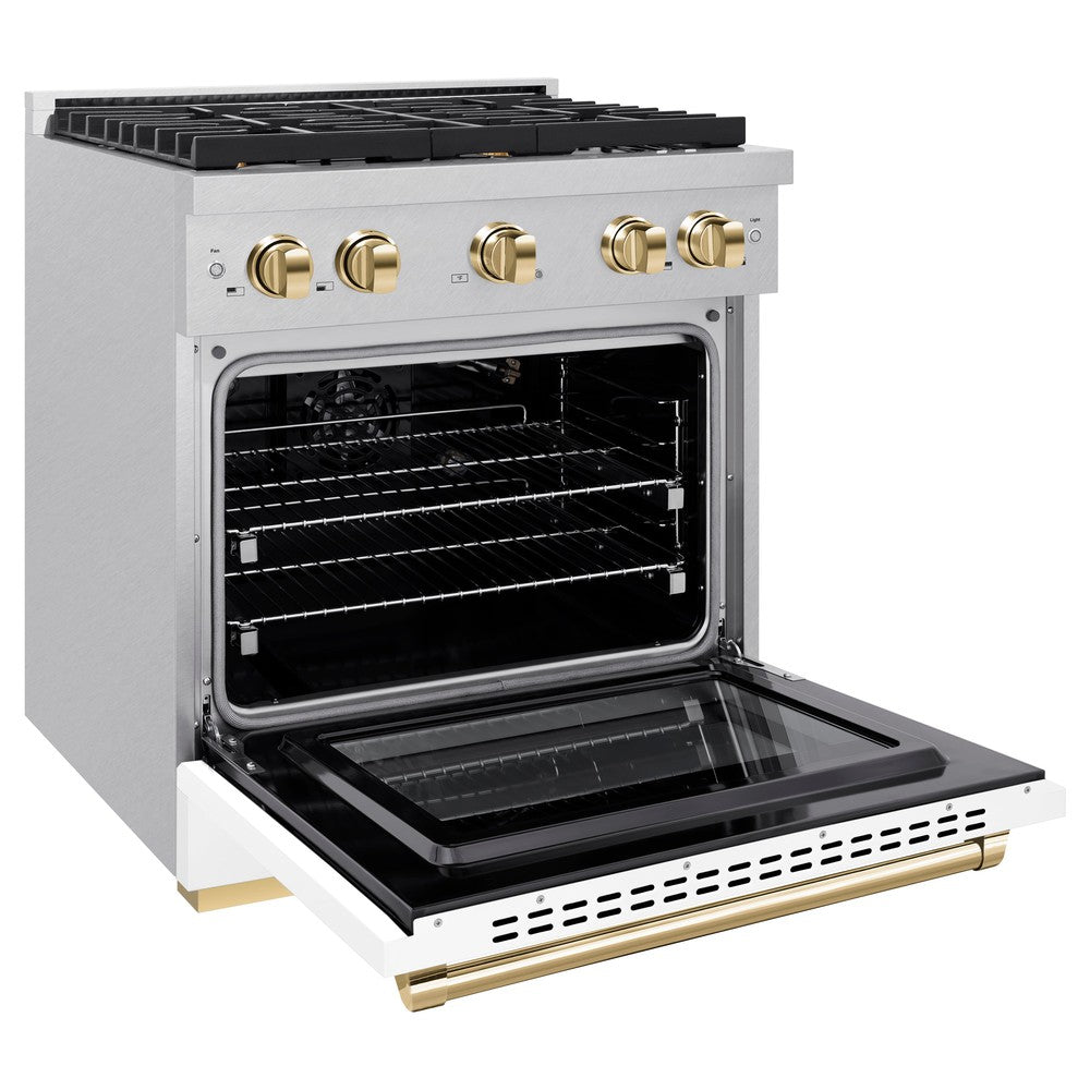 ZLINE Autograph Edition 30 in. 4.2 cu. ft. 4 Burner Paramount Gas Range with Convection Gas Oven in Satin Stainless Steel with White Matte Door and Polished Gold Accents (SGRSZ-WM-30-G)