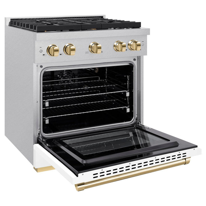ZLINE Autograph Edition 30 in. 4.2 cu. ft. 4 Burner Paramount Gas Range with Convection Gas Oven in Satin Stainless Steel with White Matte Door and Polished Gold Accents (SGRSZ-WM-30-G)